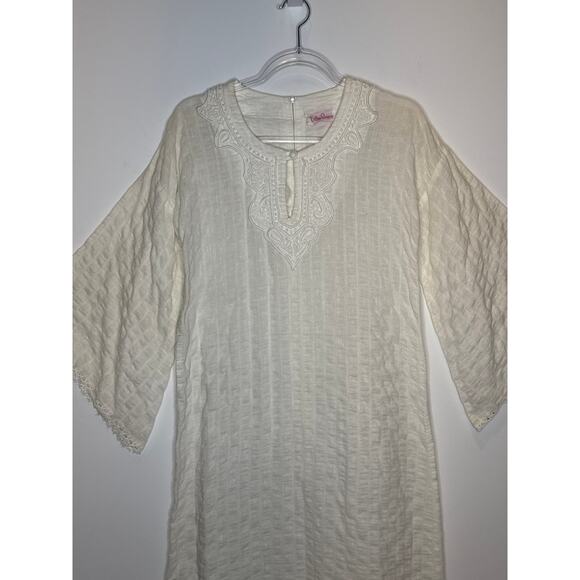 1970s Evelyn Pearson Embroidered Muslin Boho Dress with Bell Sleeves small - Picture 15 of 16
